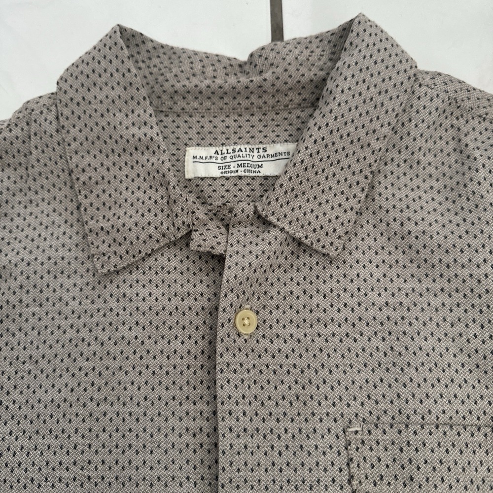 Allsaints Shirt Mens M Beige Polka Dot Print Cotton Camp Loop Button Summer
